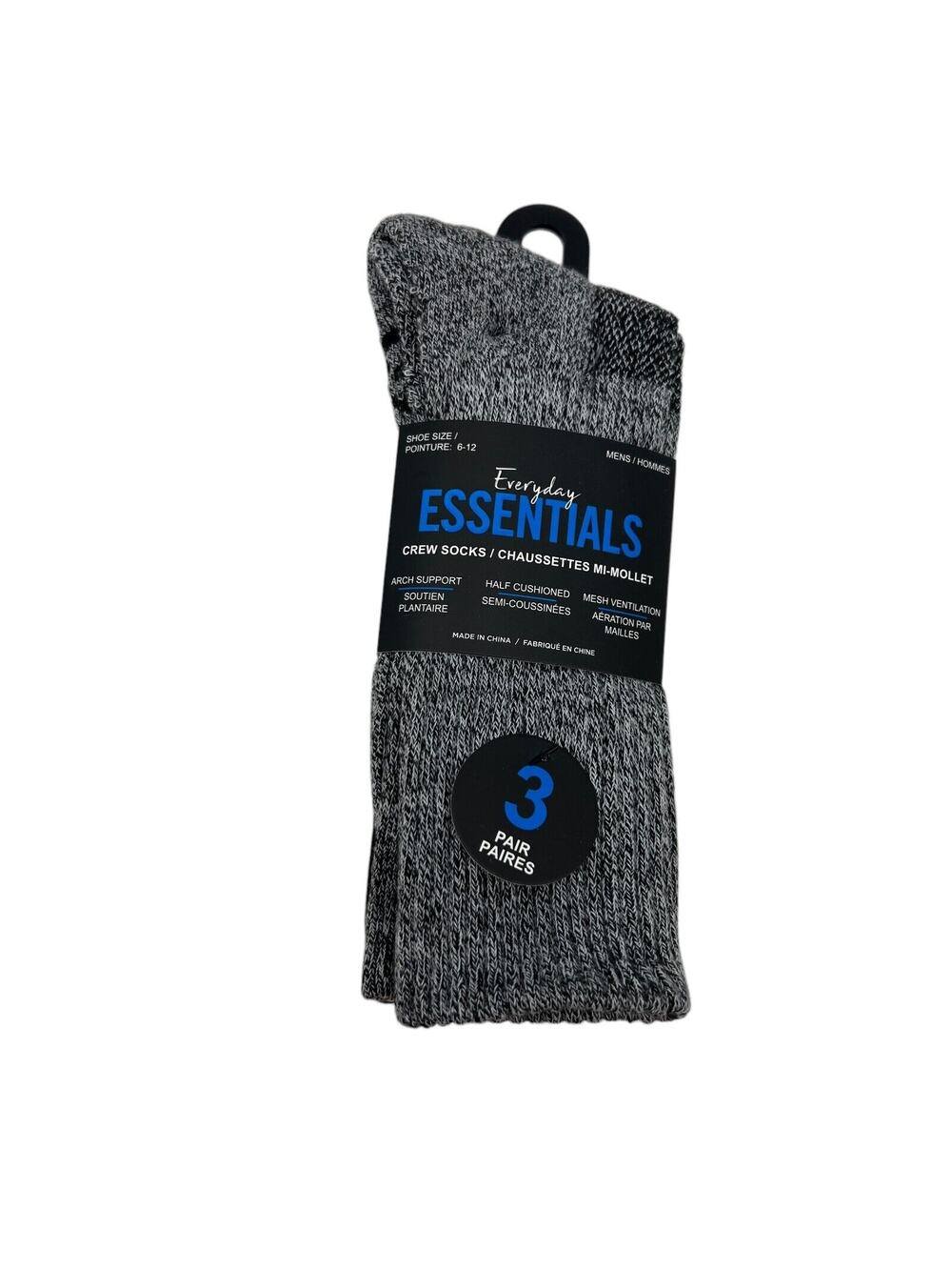 Everyday Essentials Socks Mens 6-12 Crew Arch Support Half Cushioned Mesh 3 Pair